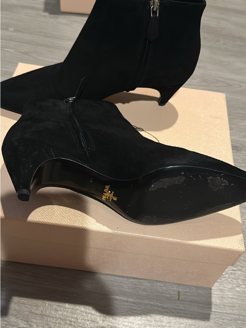 Prada Black Suede Pointed Ankle Booties with Side Zipper - Picture 2 of 4